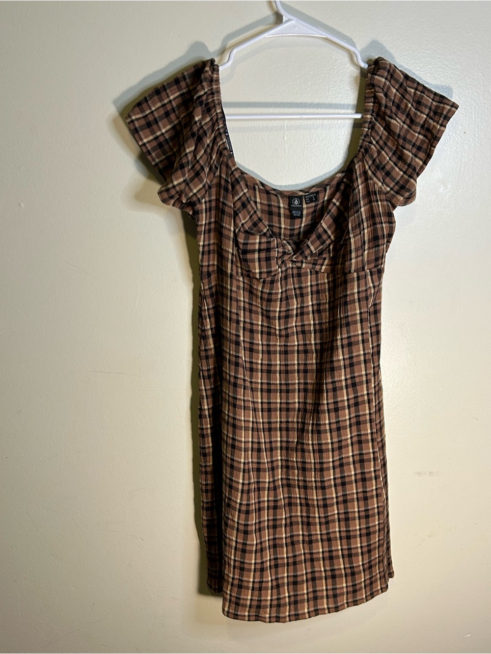Volcom Women’s Plaid Scoop Neck Short Sleeve Mini Dress S Brown Black Beige